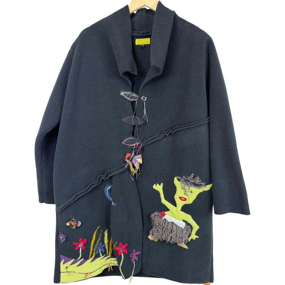 Vintage Giselle Shepatin Black Colorful Floral Character Art Duster Jacket 1X 2X